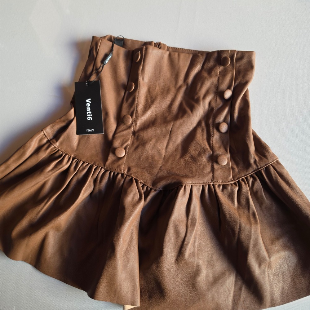 Venti6 Italy Tan Brown Faux Leather Ruffle Mini Skirt G3011 Small NWT